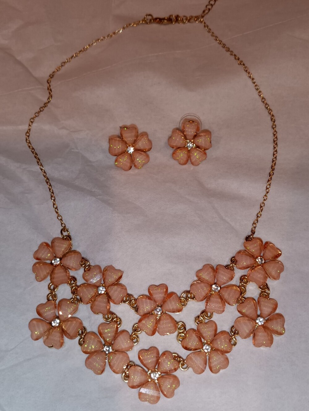 Nicole Miller Gold-Tone Irridescent Peach Flower Statement Necklace Earring Set